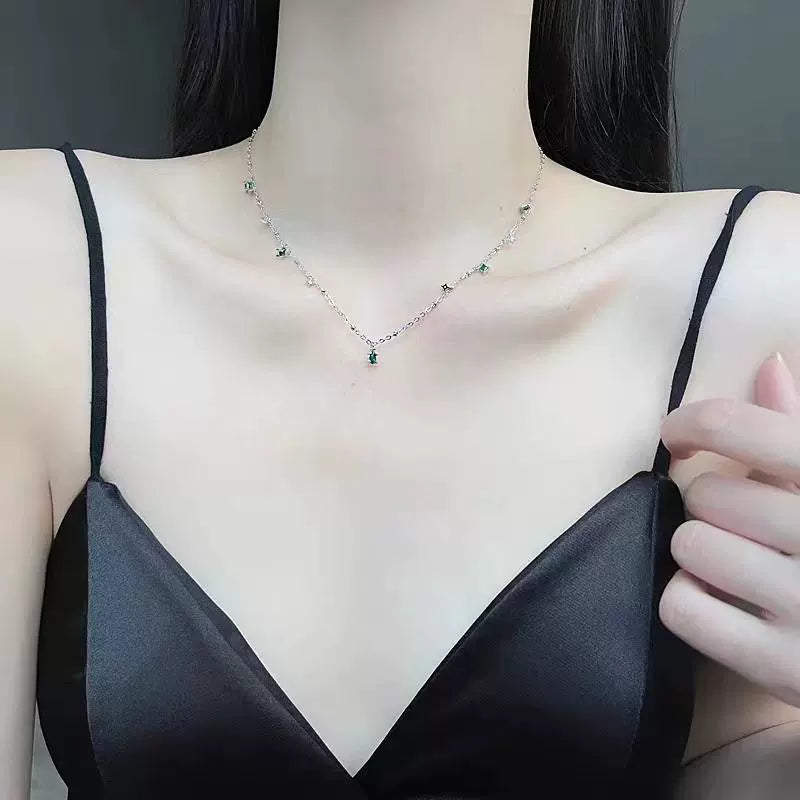 Sterling Silver Necklace with Emerald Green and Clear Crystal Accents – Elegant Minimalist Jewelry jltn0529