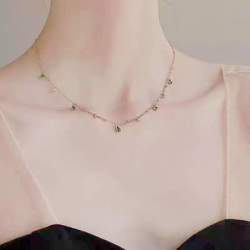 Sterling Silver Necklace with Emerald Green and Clear Crystal Accents – Elegant Minimalist Jewelry jltn0529