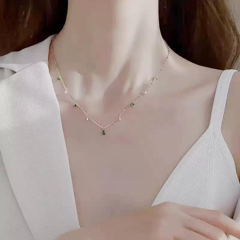 Sterling Silver Necklace with Emerald Green and Clear Crystal Accents – Elegant Minimalist Jewelry jltn0529