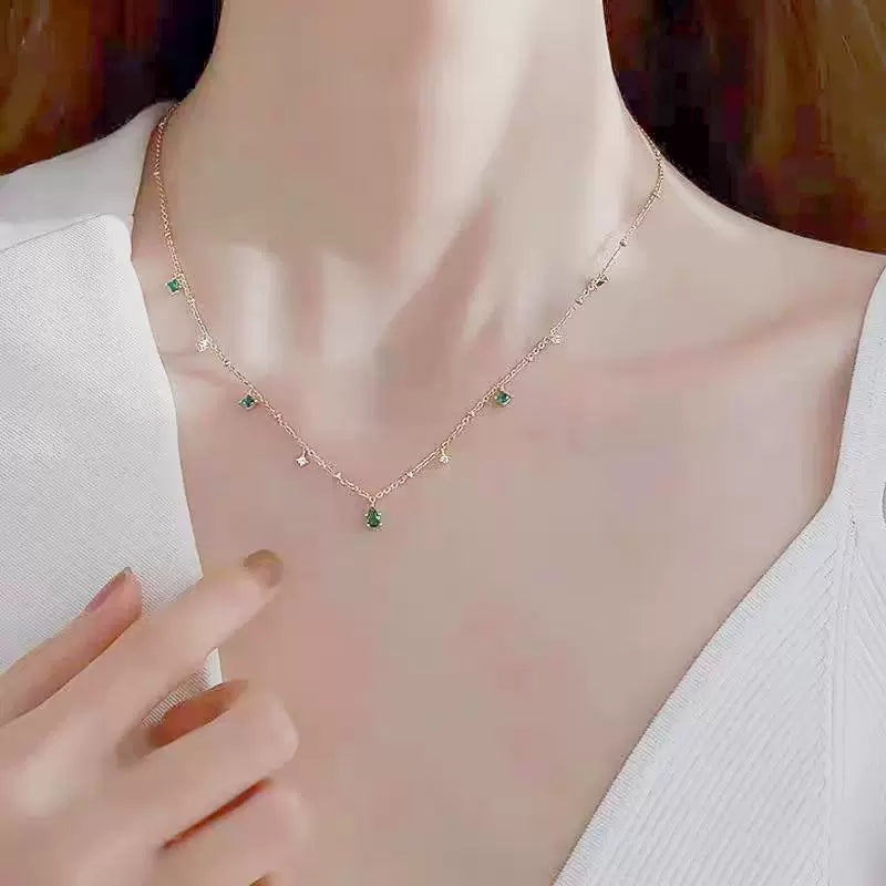 Sterling Silver Necklace with Emerald Green and Clear Crystal Accents – Elegant Minimalist Jewelry jltn0529