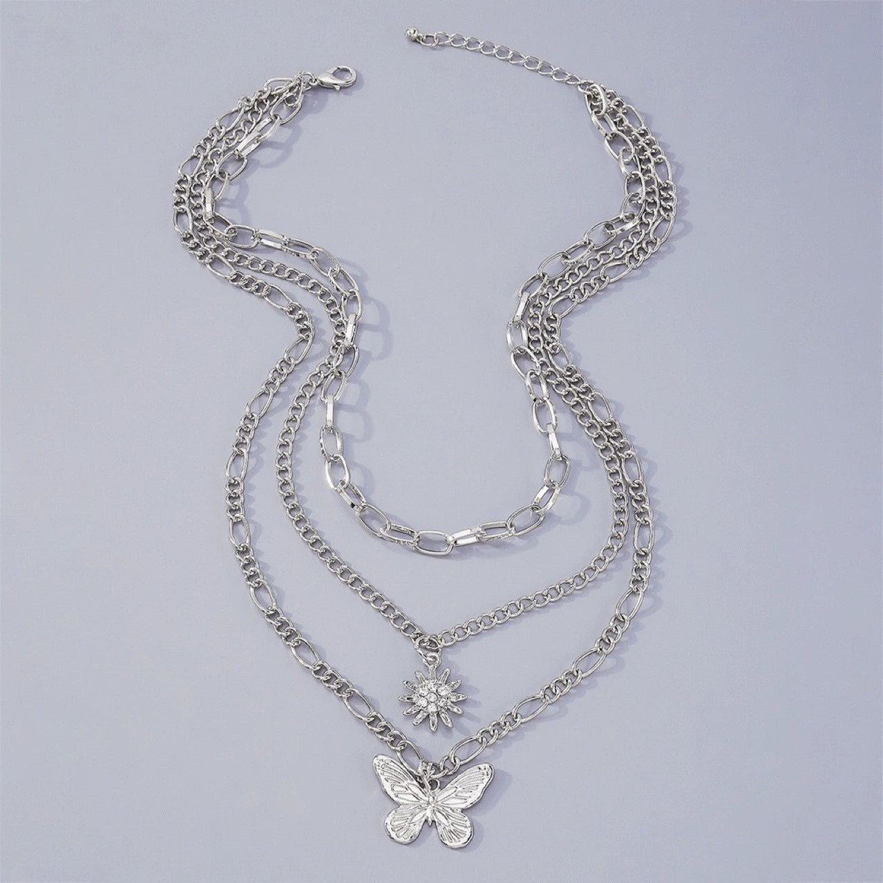 Triple Layer Butterfly and Sunflower Zircon Pendant Necklace – Vintage Silver Chain Design-jltn0579