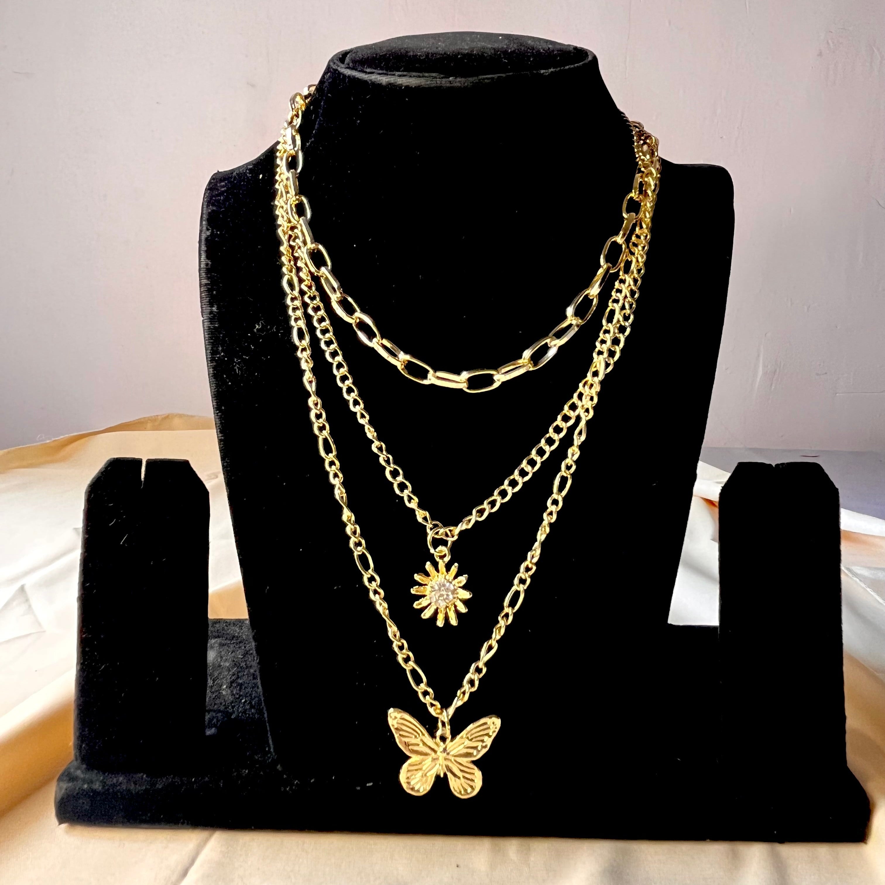 Layered Gold Butterfly and Flower Necklace-jltn0666