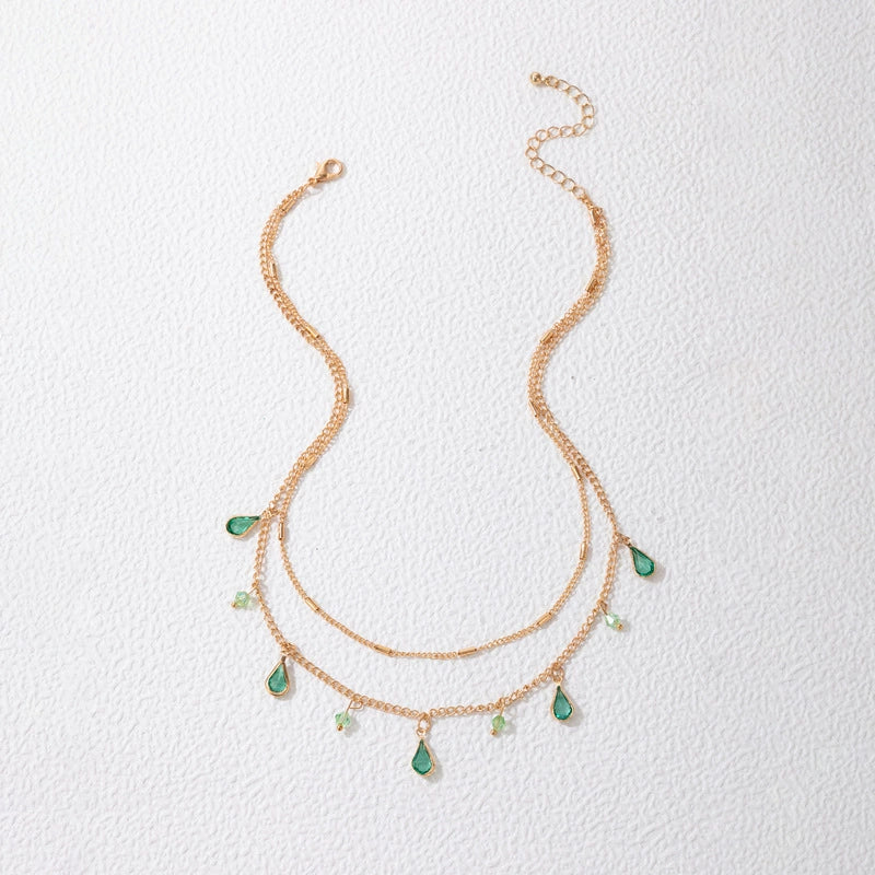 Just Lil Things-Layered Chain with Green Teardrop Charms & Crystal Accents Artificial Necklace jltn0729