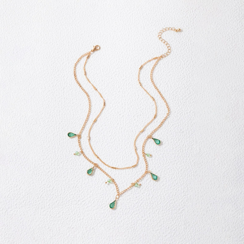 Just Lil Things-Layered Chain with Green Teardrop Charms & Crystal Accents Artificial Necklace jltn0729