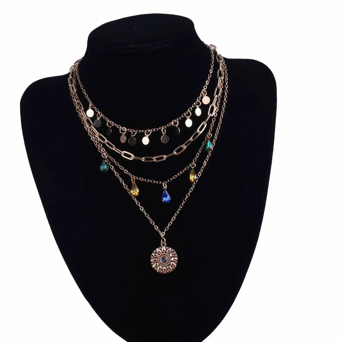 Just Lil Things Artificial Layered Gold Charm Necklace Set with Disc, Chain & Colorful Teardrop Design Necklace jltn0807