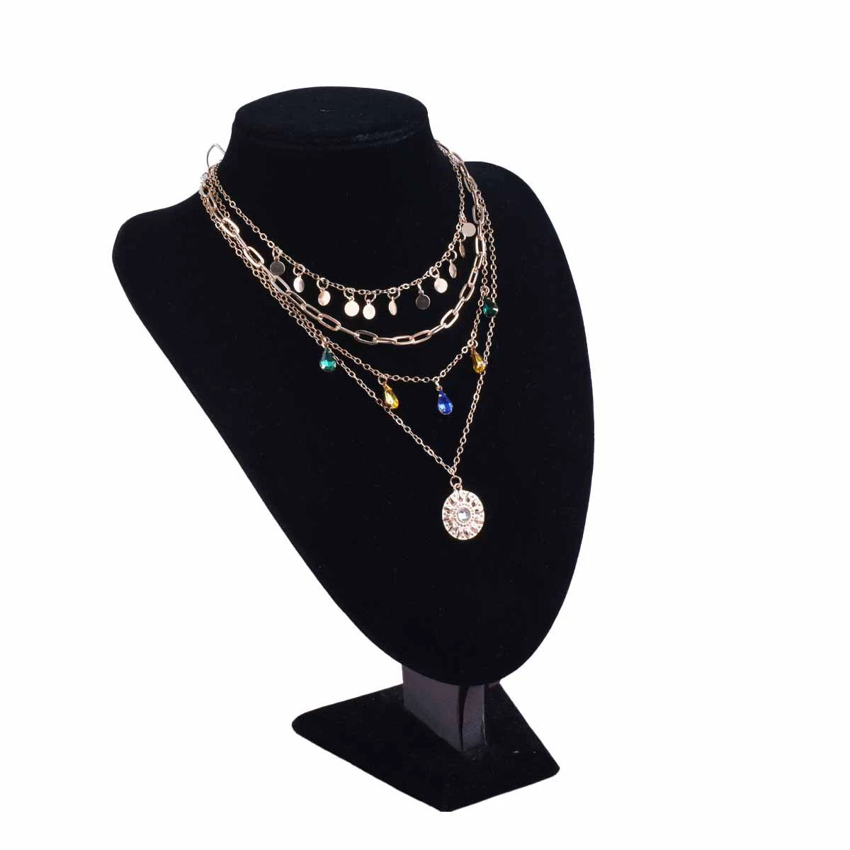 Just Lil Things Artificial Layered Gold Charm Necklace Set with Disc, Chain & Colorful Teardrop Design Necklace jltn0807
