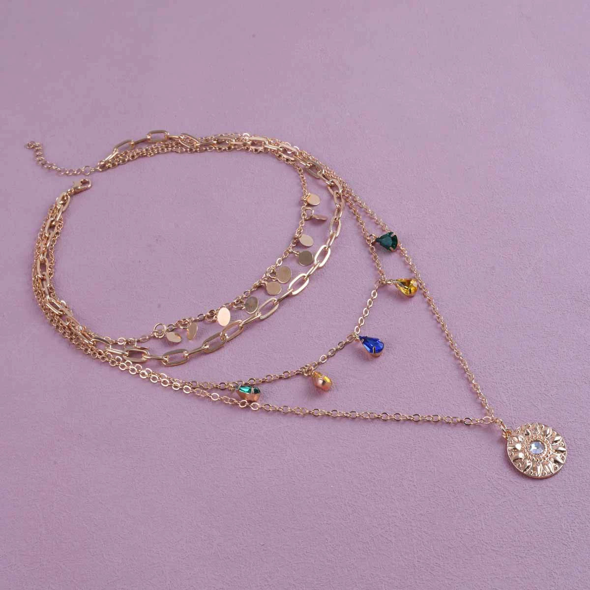 Just Lil Things Artificial Layered Gold Charm Necklace Set with Disc, Chain & Colorful Teardrop Design Necklace jltn0807