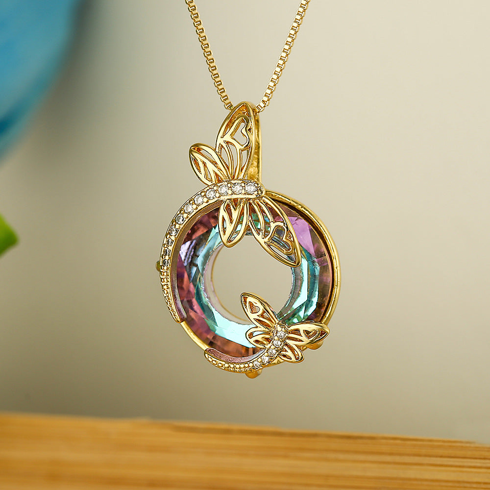 Iridescent Aurora Crystal Butterfly Wreath Necklace JLTN1856