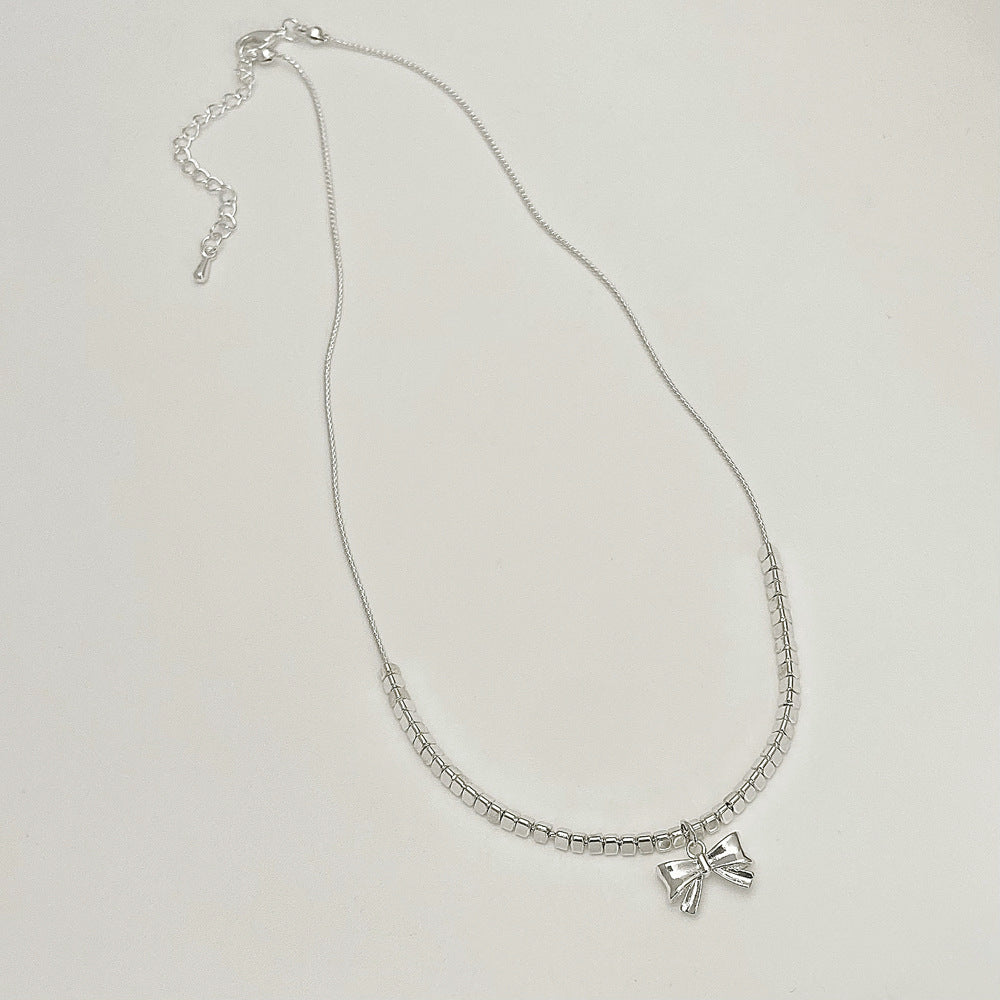 Ribbon Bow Brooch Pendant Silver Necklace jltn1149
