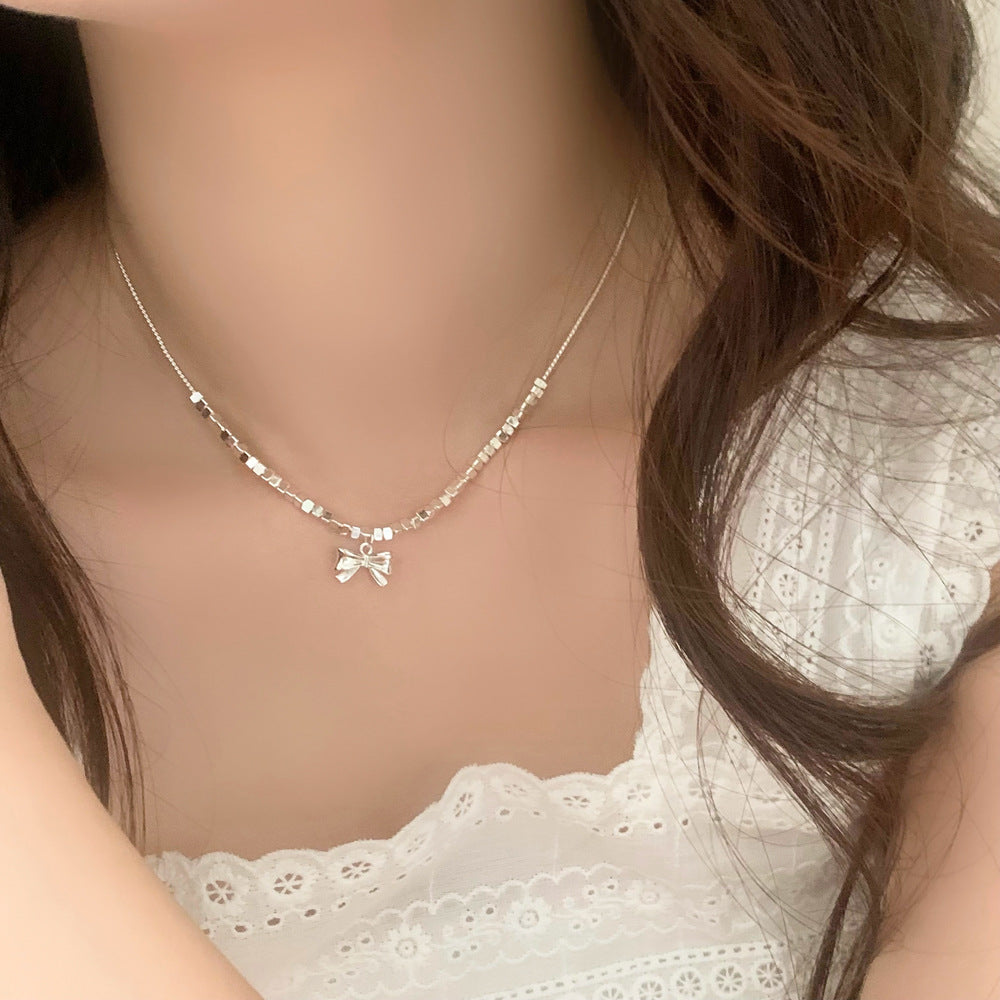 Ribbon Bow Brooch Pendant Silver Necklace jltn1149