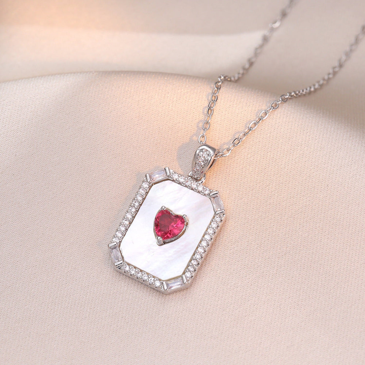 Red Heart Stone Rectangular Shape Silver Necklace JLTN1179
