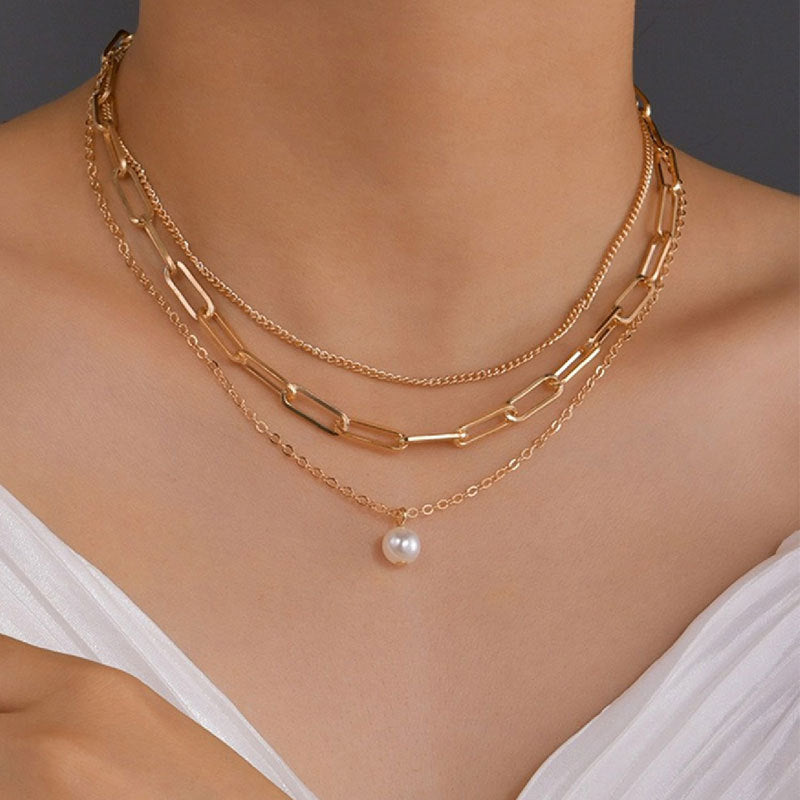 three-layer metal chain imitation pearl pendant necklace jltn1399