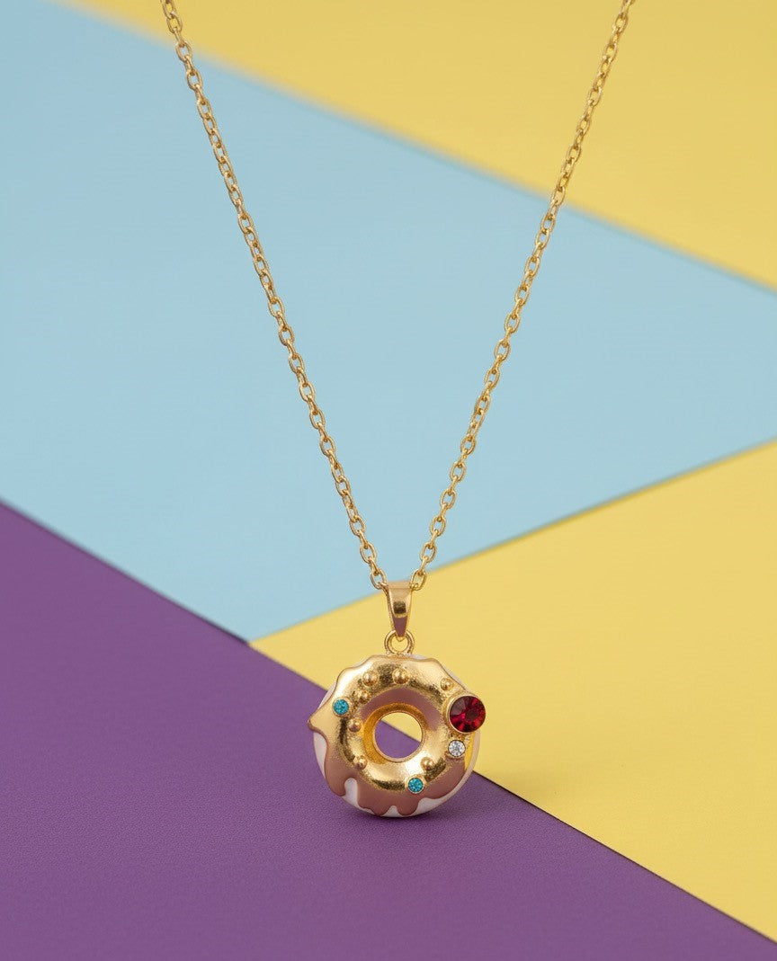 Just Lil Things Golden Donut Charm Necklace with Colorful Gem Accents jltn1468