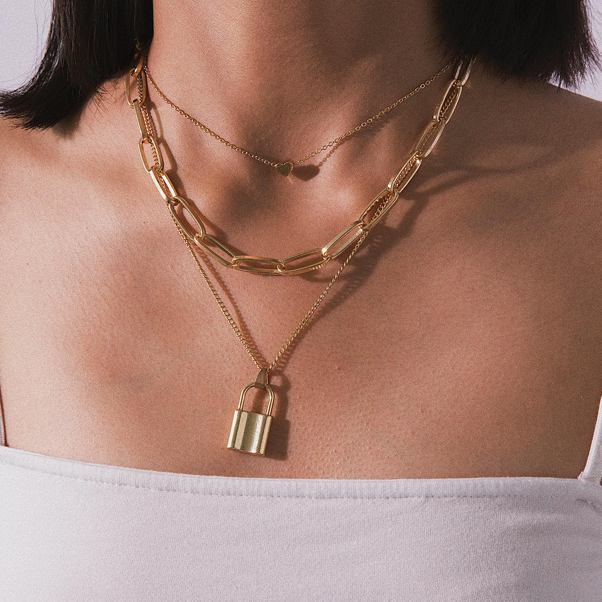 Triple Layer Heart And Lock Necklace JLTN1483