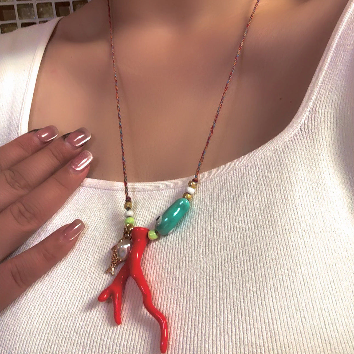 Nautical Spirit Coral Charm Thread Necklace jltn1505