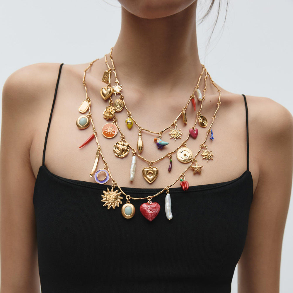 multi-layered love pepper beaded clavicle necklace European and American sun bird shell pearl pendant necklace jltn1548