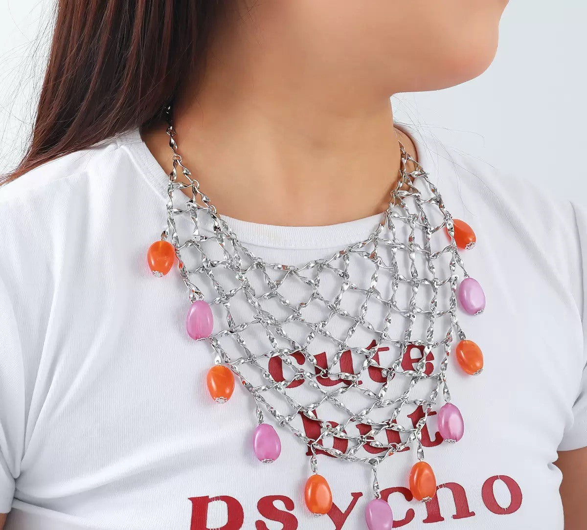 metal mesh with colored beads necklace jltn1551