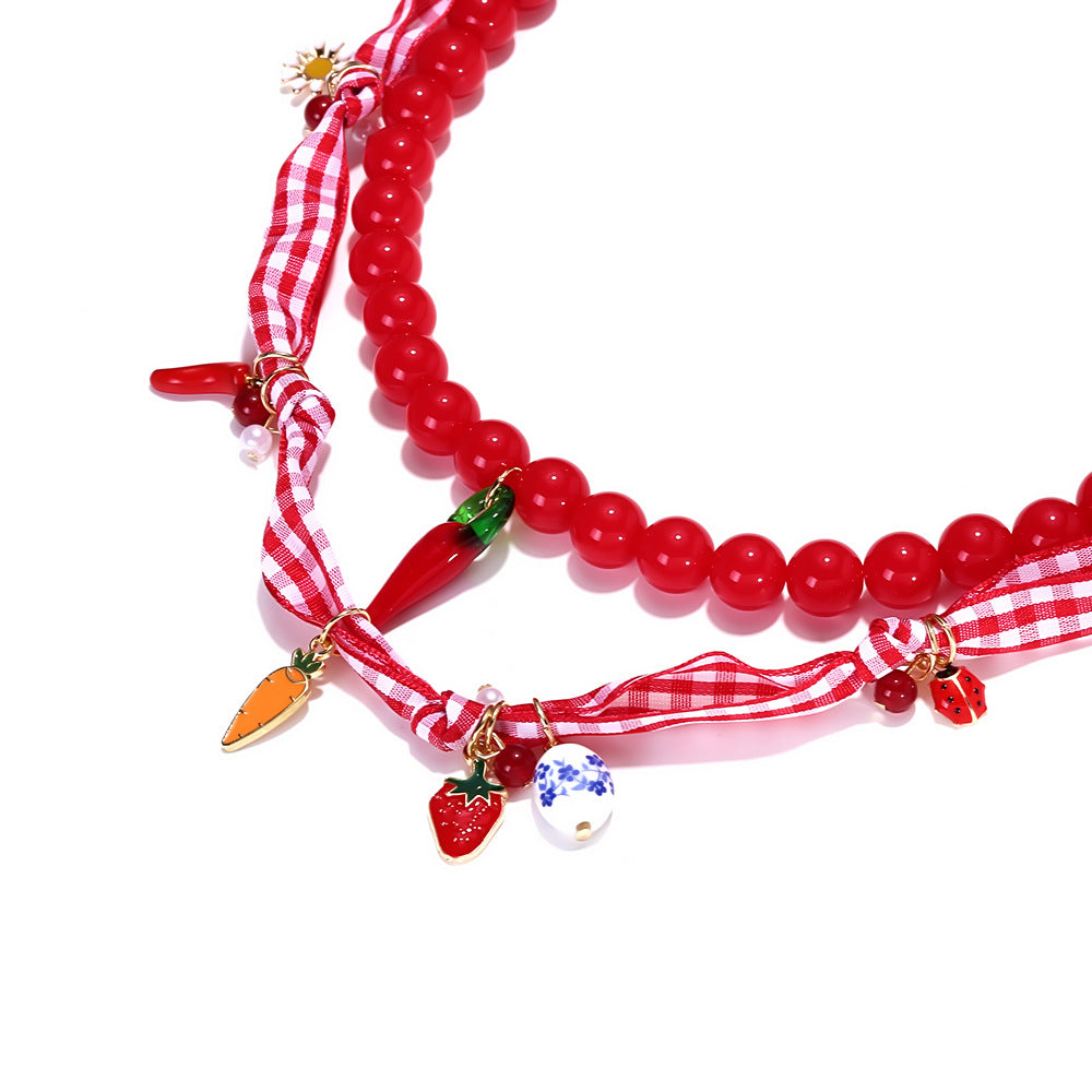 Just Lil Things Red Beaded Charm Necklace with Gingham Ribbon & Miniature Charms Necklace jltn1557