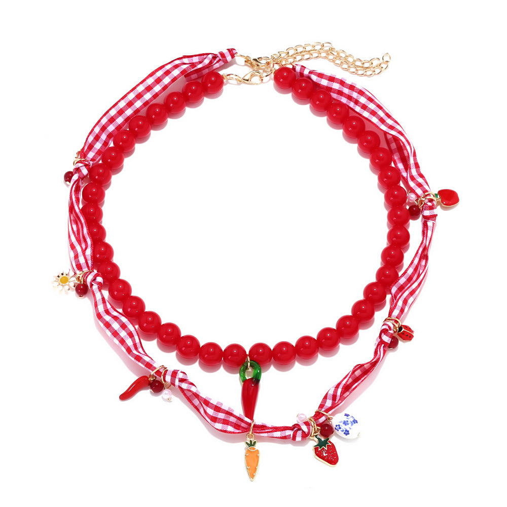 Just Lil Things Red Beaded Charm Necklace with Gingham Ribbon & Miniature Charms Necklace jltn1557