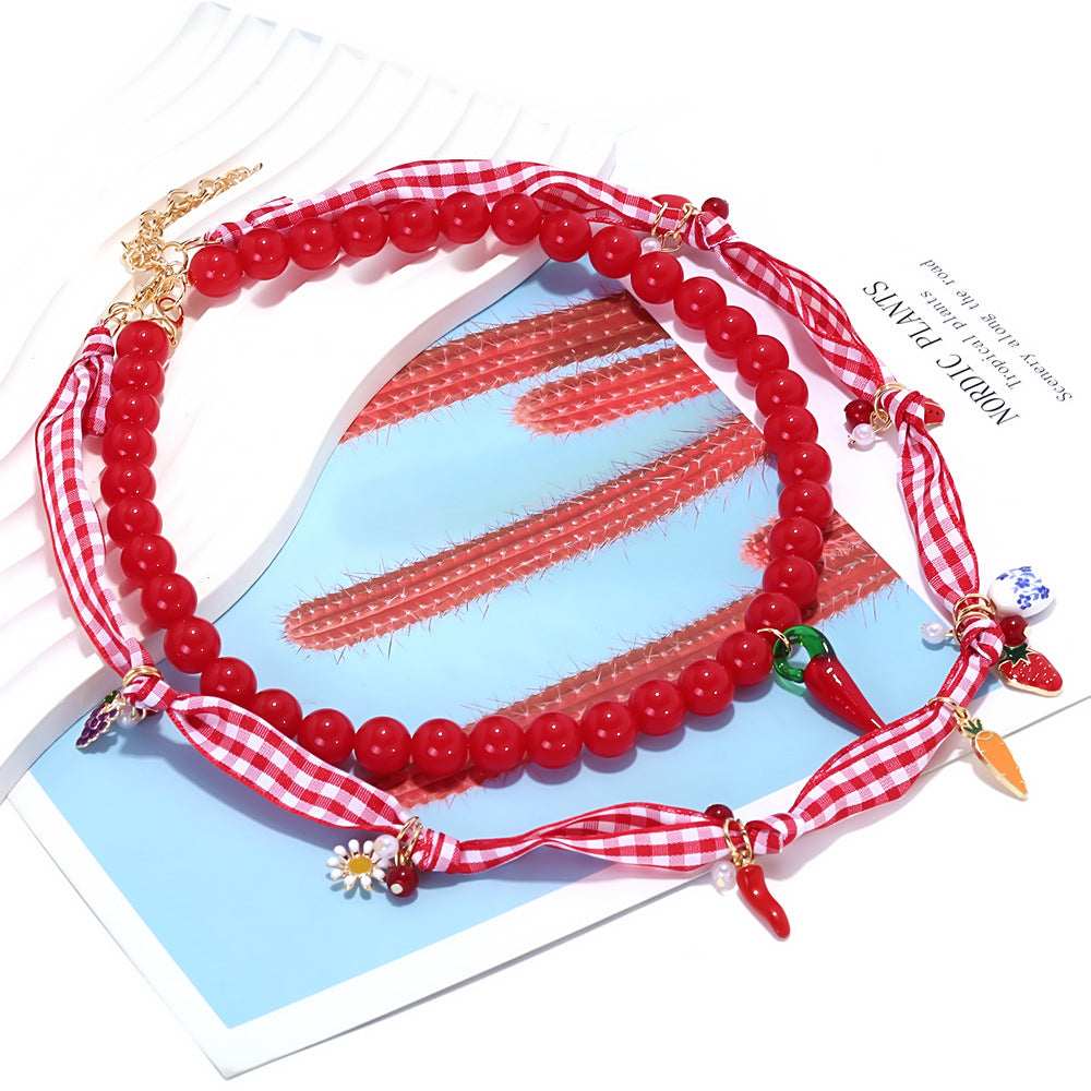 Just Lil Things Red Beaded Charm Necklace with Gingham Ribbon & Miniature Charms Necklace jltn1557