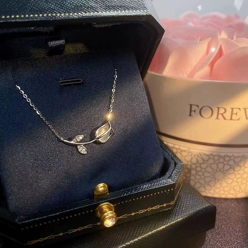 Just Lil Things Delicate Rosebud Pendant Necklace – Minimalist Floral Stem Design with Sparkling Leaf Accents jltn1585