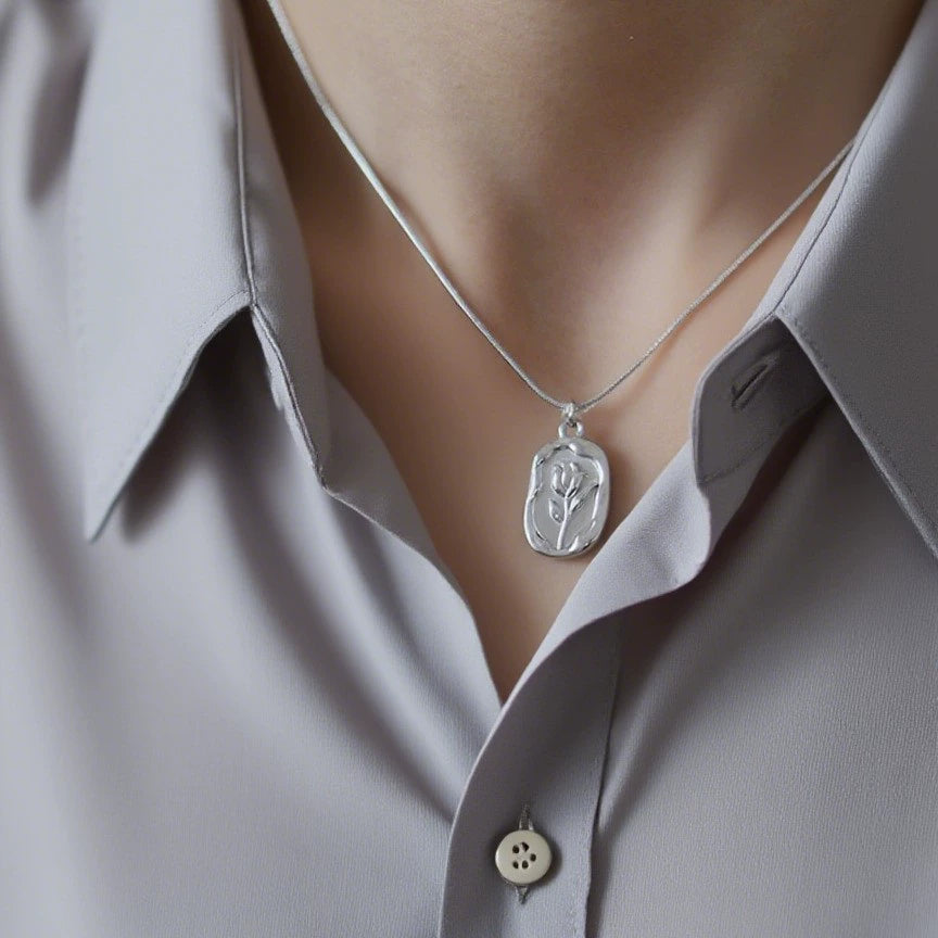 Just Lil Things Vintage Floral Engraved Pendant Necklace – Minimal Oval Tag Design with Embossed Flower Motif jltn1586