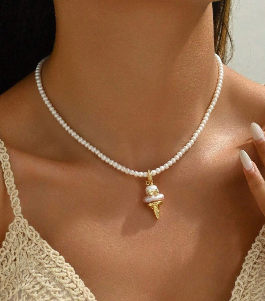 Just Lil Things Pearl Beaded Necklace with Golden Ice Cream Cone Pendant jltn1618