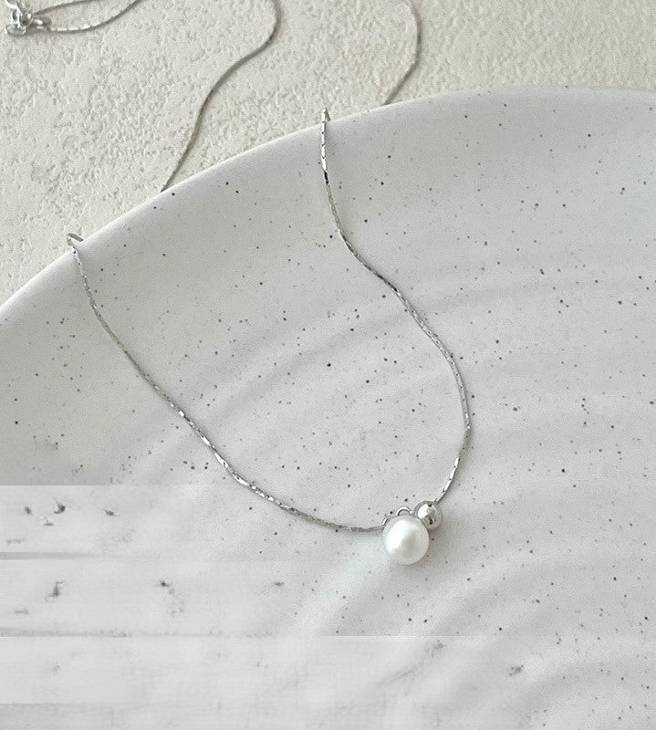 Just Lil Things Elegant Silver Chain Necklace with Double Pearl Charm Pendant jltn1630