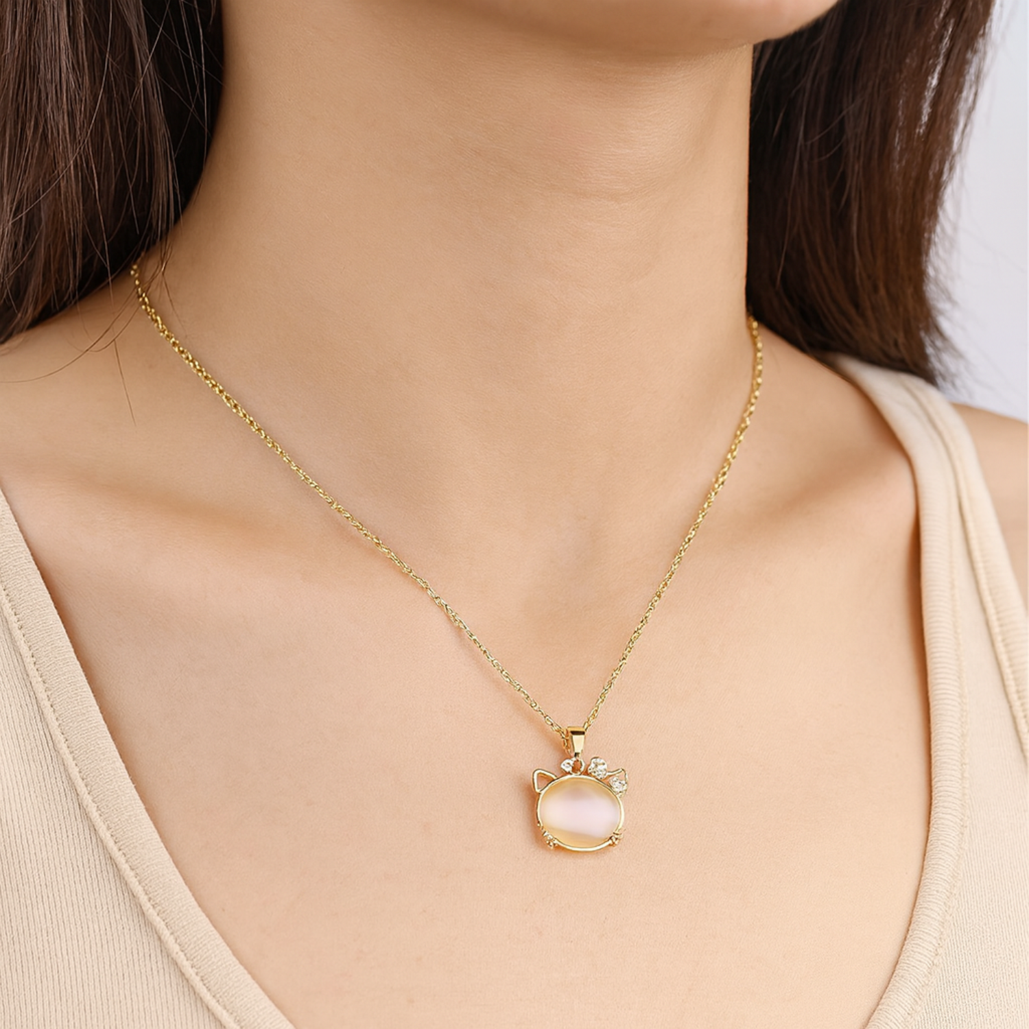 Just Lil Things Cat Ear Moonstone Pendant Necklace with Crystal Bow jltn1632