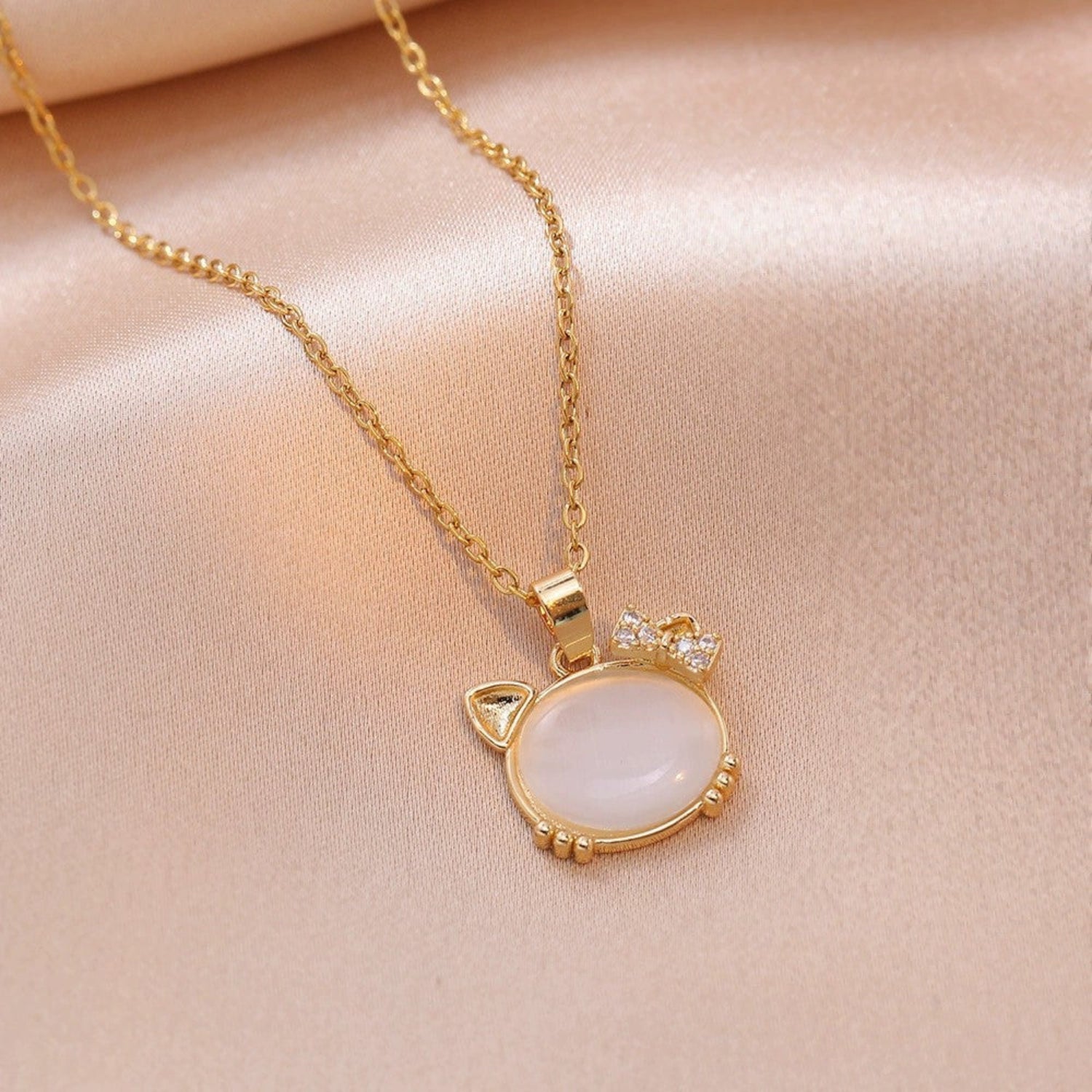 Just Lil Things Cat Ear Moonstone Pendant Necklace with Crystal Bow jltn1632