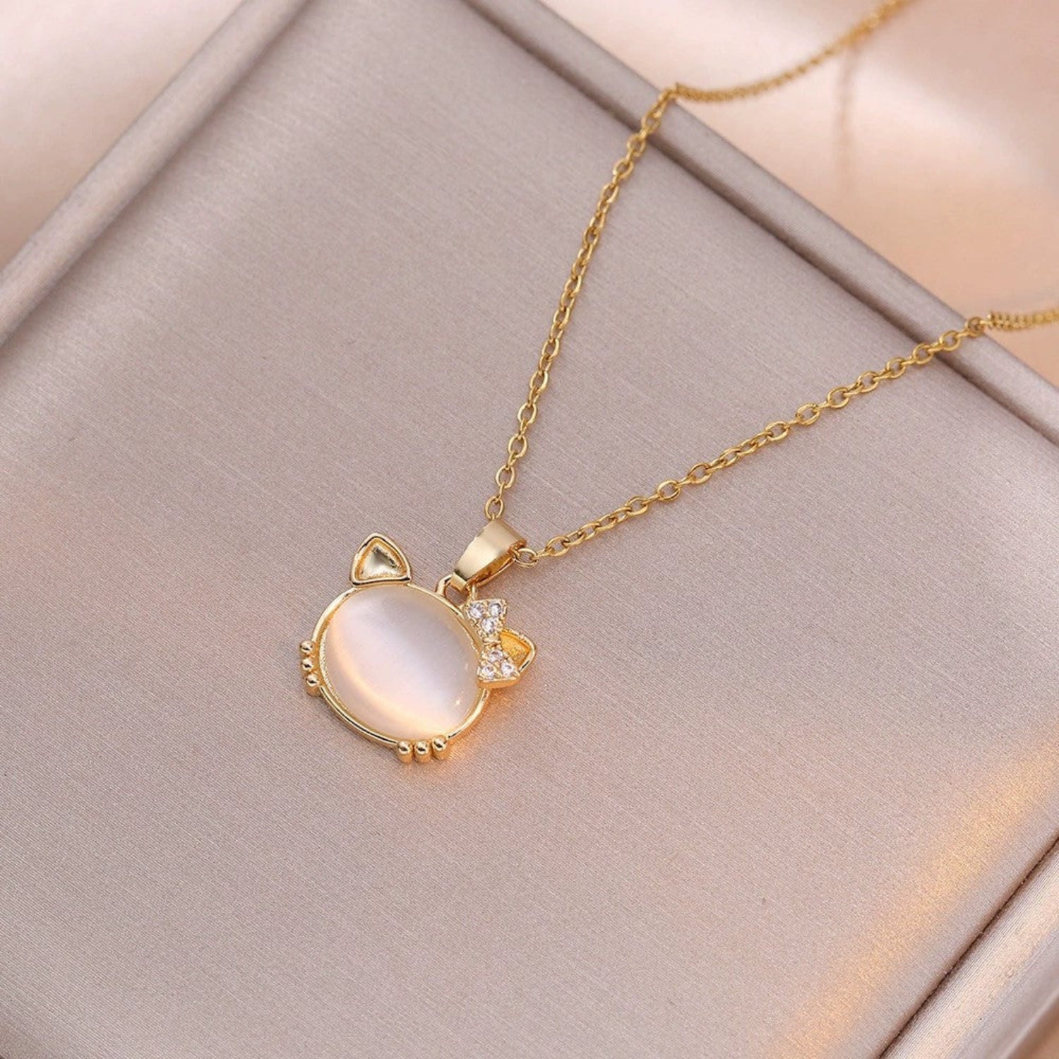 Just Lil Things Cat Ear Moonstone Pendant Necklace with Crystal Bow jltn1632
