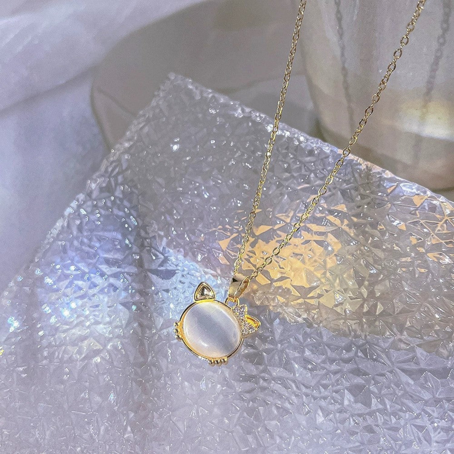 Just Lil Things Cat Ear Moonstone Pendant Necklace with Crystal Bow jltn1632