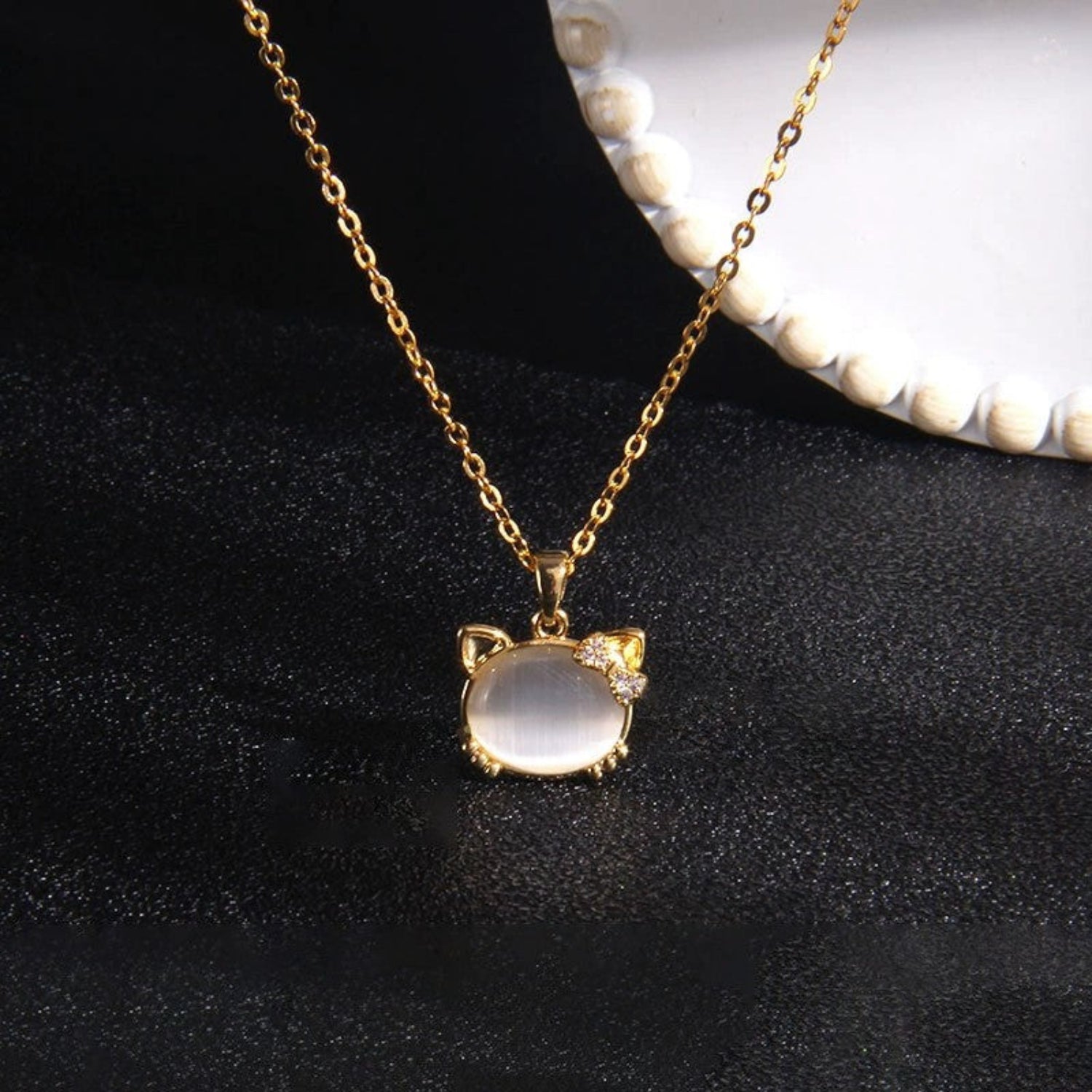 Just Lil Things Cat Ear Moonstone Pendant Necklace with Crystal Bow jltn1632