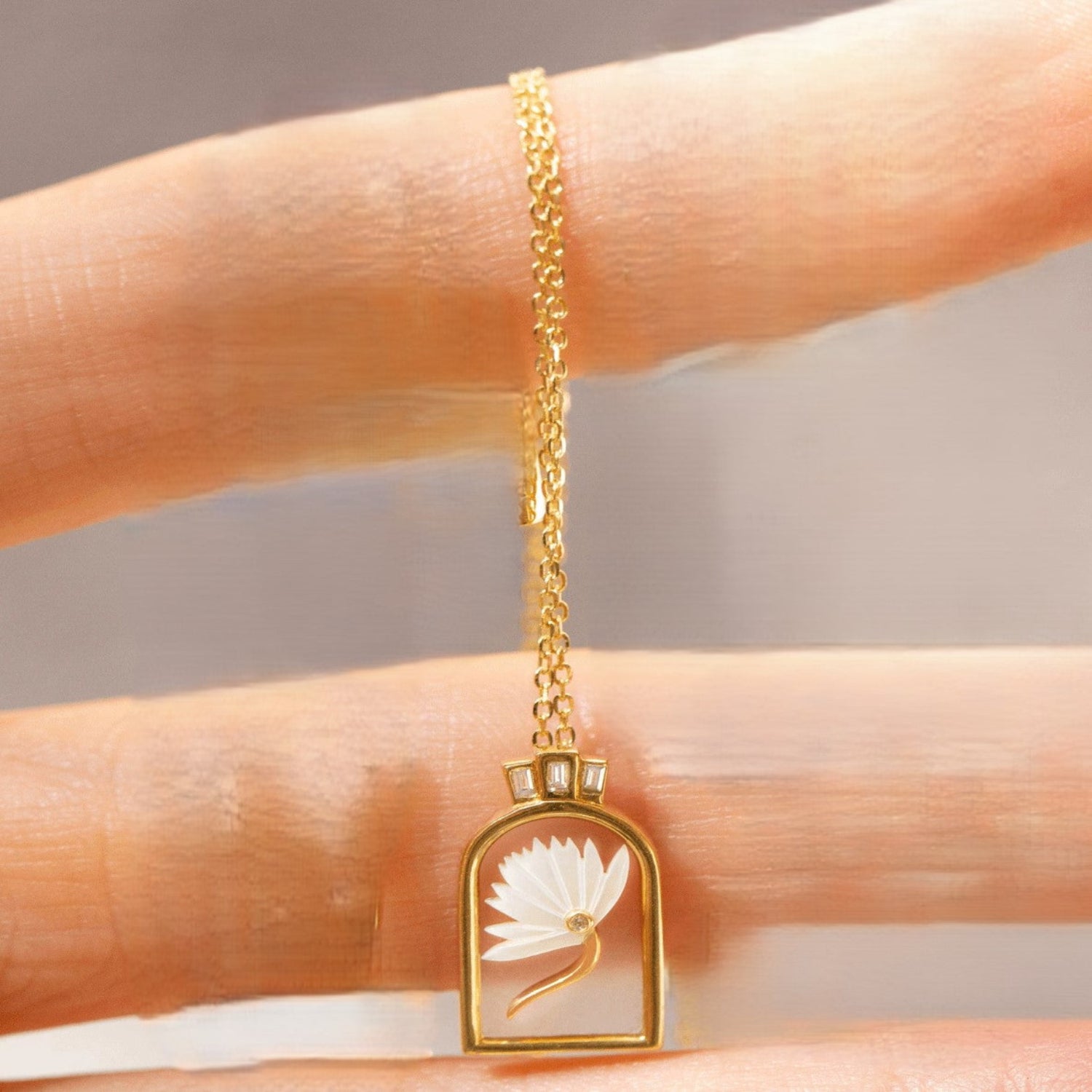 Just Lil Things Golden Floral Frame Pendant Necklace with Mother-of-Pearl Detailing jltn1633