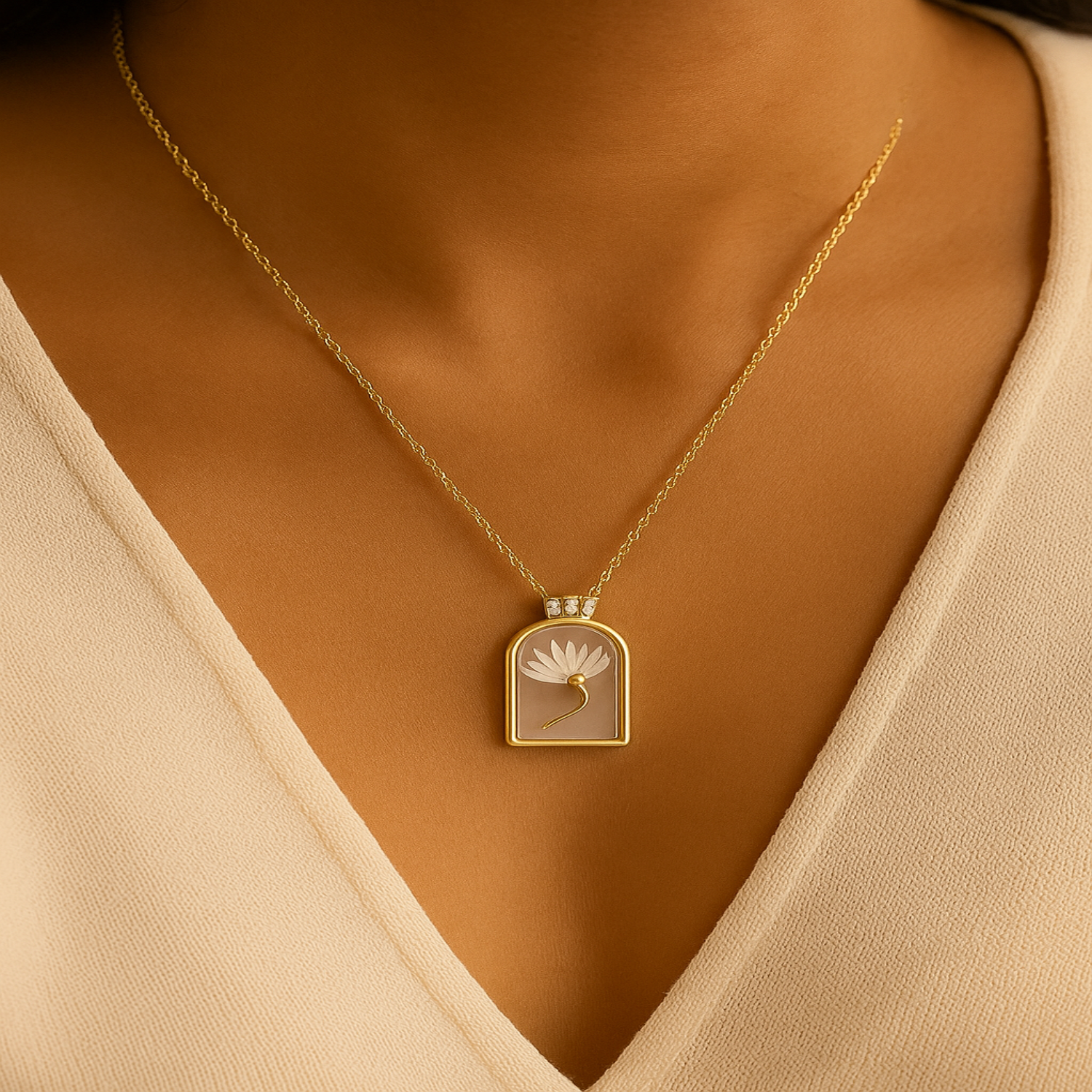 Just Lil Things Golden Floral Frame Pendant Necklace with Mother-of-Pearl Detailing jltn1633