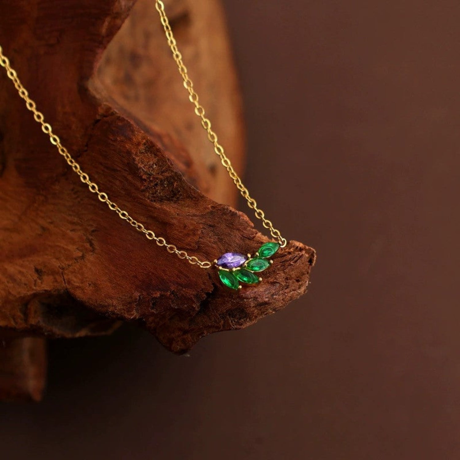 Just Lil Things Emerald Leaf & Amethyst Bloom Necklace jltn1668