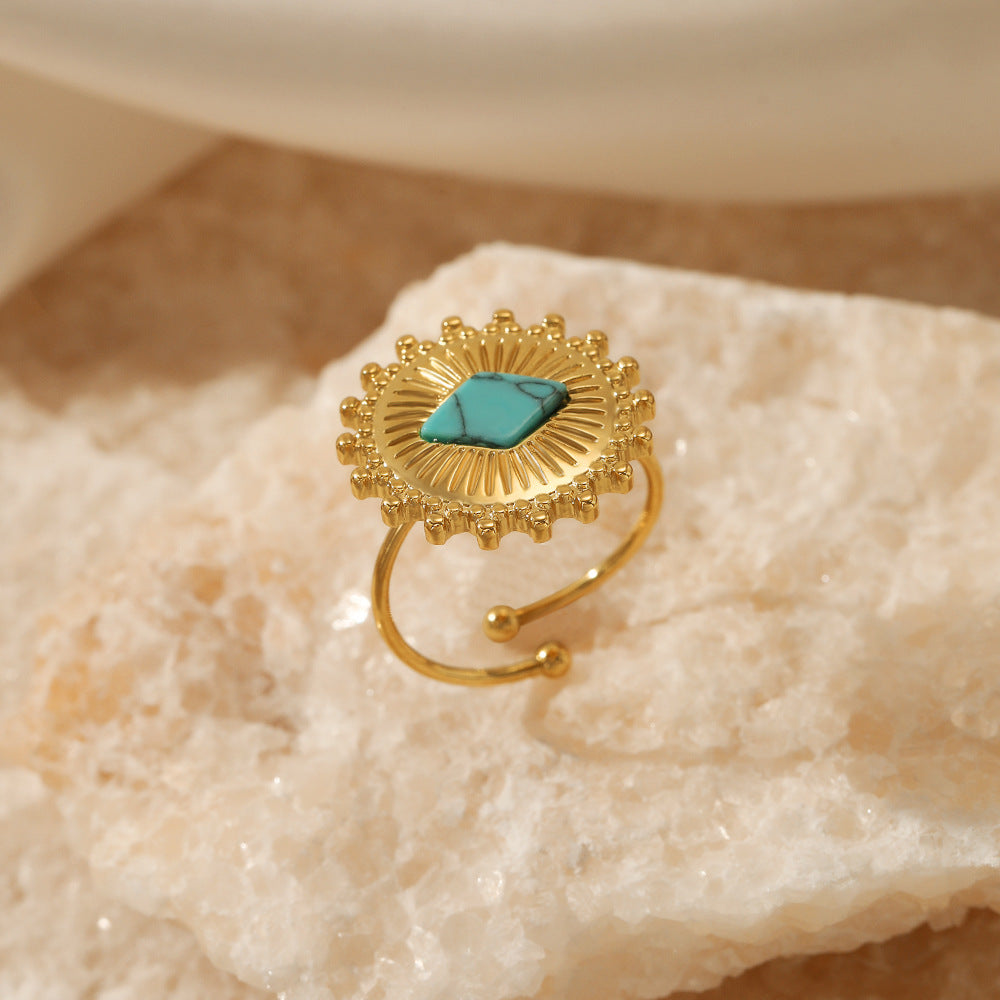 French Retro Turquoise Sunburst Adjustable Ring JLTR0374