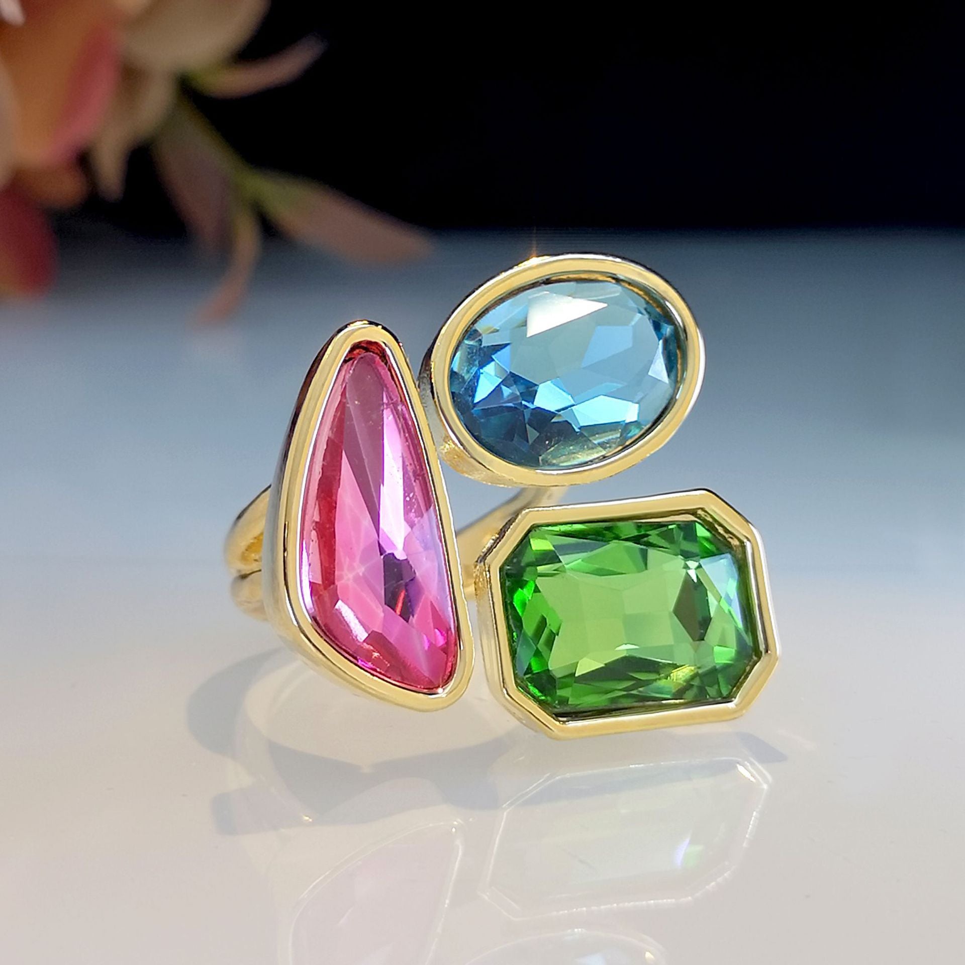 Geometrical Shaped Tri Gemstone Multicolor Rings JLTR0375