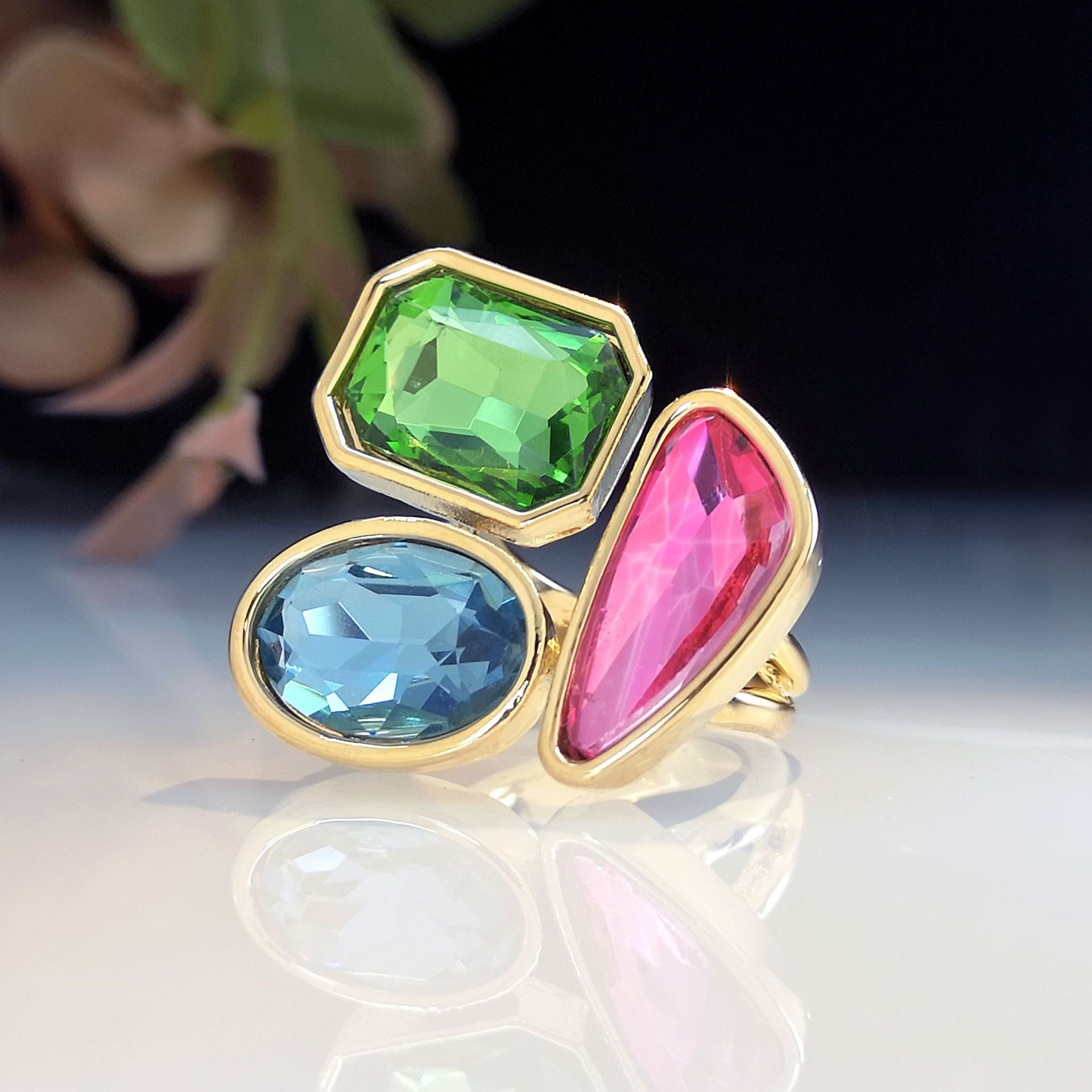 Geometrical Shaped Tri Gemstone Multicolor Rings JLTR0375