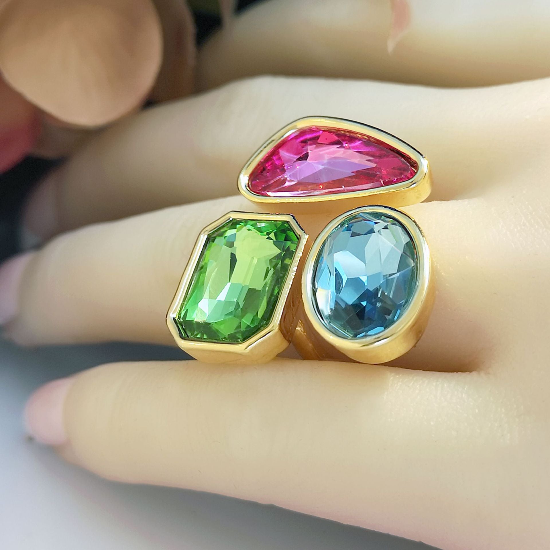 Geometrical Shaped Tri Gemstone Multicolor Rings JLTR0375