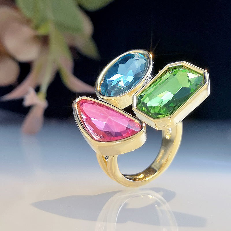 Geometrical Shaped Tri Gemstone Multicolor Rings JLTR0375