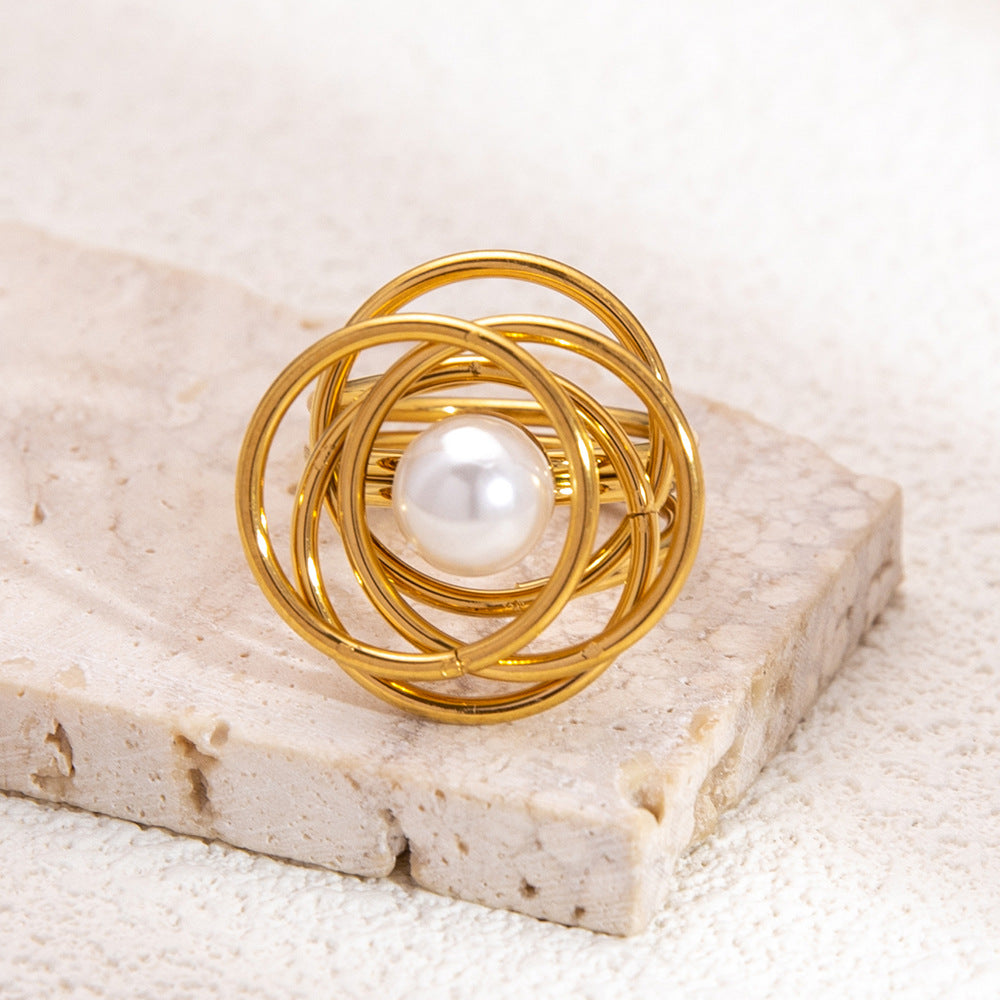 Spiral Orbit Pearl With Multi Circular Overlayered Gold Ring JLTR0429