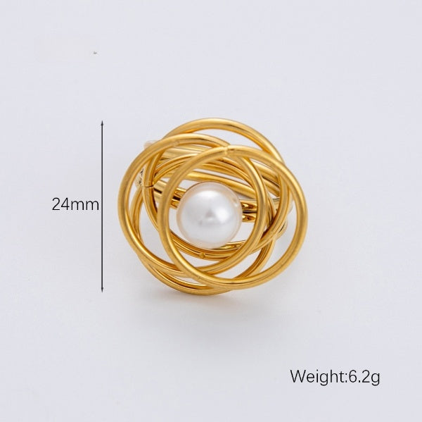 Spiral Orbit Pearl With Multi Circular Overlayered Gold Ring JLTR0429