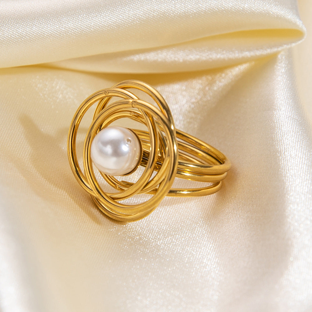 Spiral Orbit Pearl With Multi Circular Overlayered Gold Ring JLTR0429
