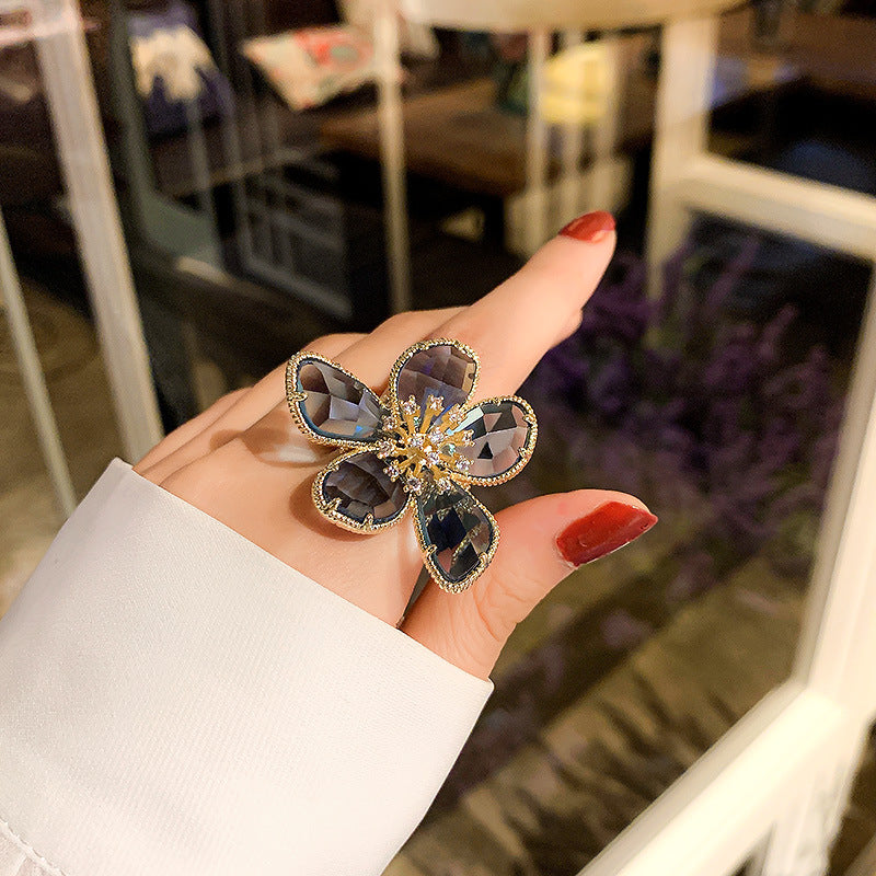 Sapphire Blossom Petal Smoky Grey Crystal Ring JLTR0434