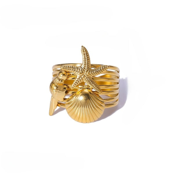 Golden Starfish & Seashell Ring JLTR0458