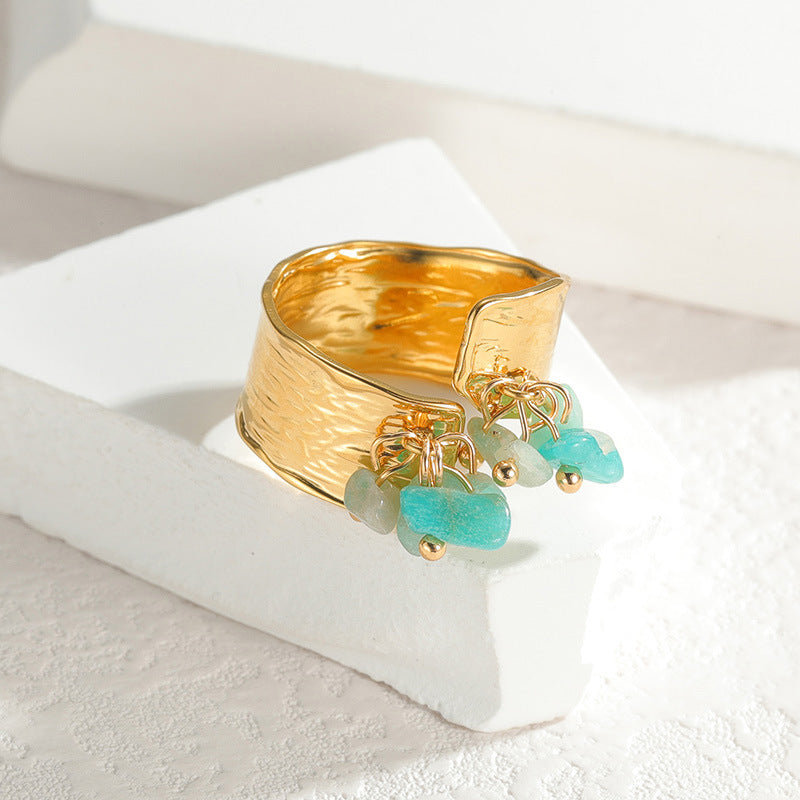Gold Textured Band with Aqua Bead Charms JLTR0459