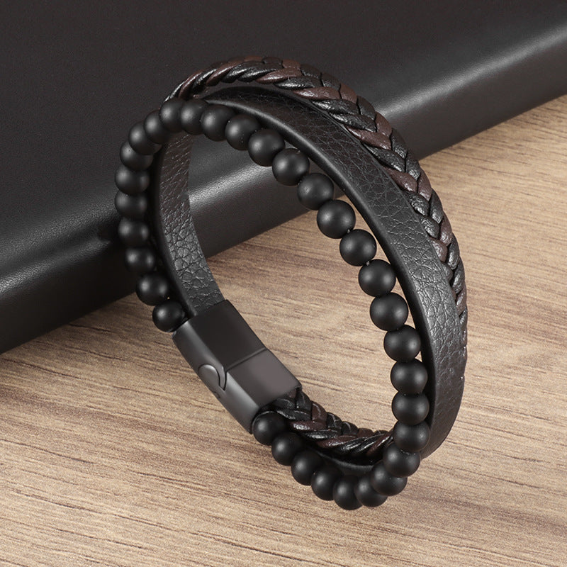 Tri Layers Leather Braided Beaded Black Bracelet MB0020