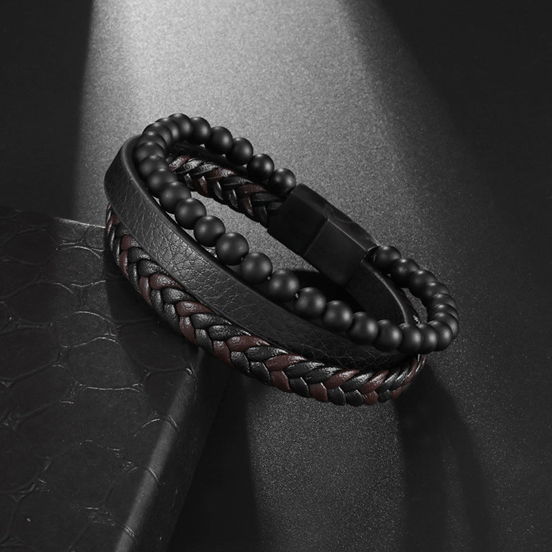 Tri Layers Leather Braided Beaded Black Bracelet MB0020