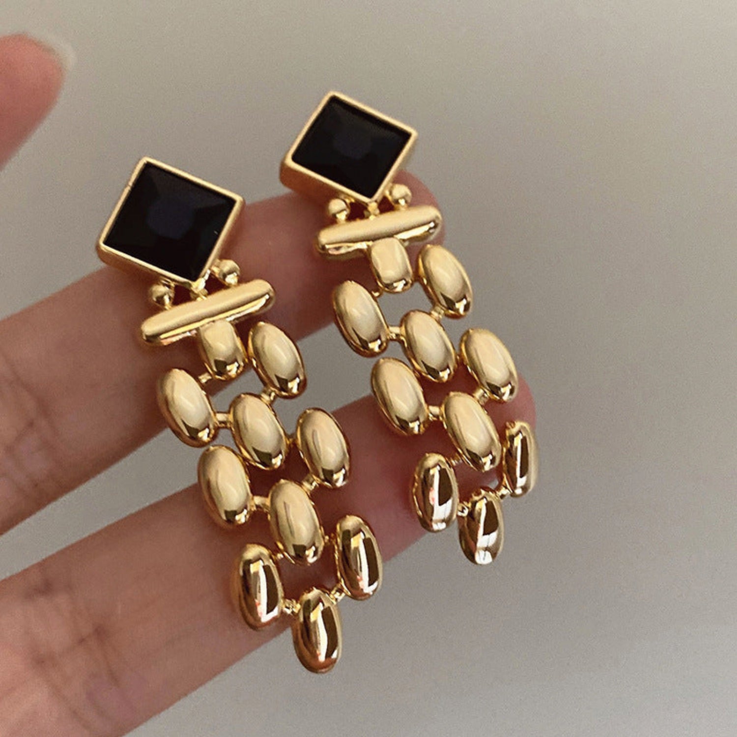 Gold Link Tassel Earrings with Onyx Black Studs JLT13653